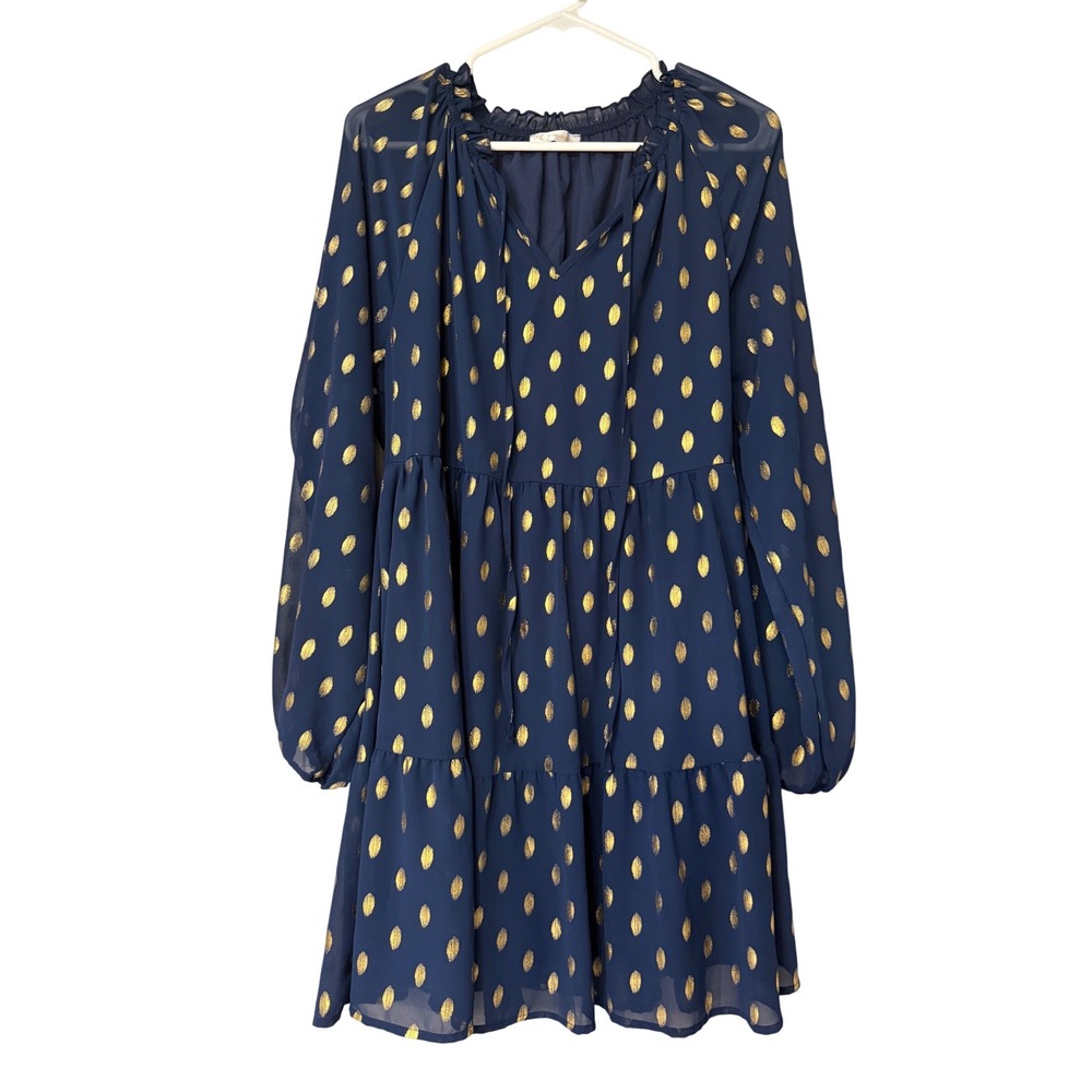 Kirundo Womens Dress Size L Blue Gold Sheer Long Sleeve Tiered Mini Dress
